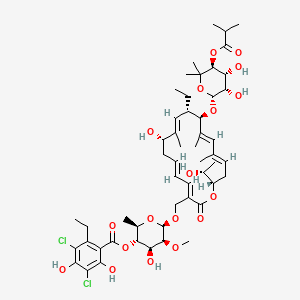 (2R,3S,4S,5S,6R)-6-(((3E,5E,8S,9E,11S,12R,13E,15E,18S)-12-(((2R,3S,4R,5S)-3,4-Dihydroxy-5-(isobutyryloxy)-6,6-dimethyltetrahydro-2H-pyran-2-yl)oxy)-11-ethyl-8-hydroxy-18-((R)-1-hydroxyethyl)-9,13,15-trimethyl-2-oxooxacyclooctadeca-3,5,9,13,15-pentaen-3-yl)methoxy)-4-hydroxy-5-methoxy-2-methyltetrahydro-2H-pyran-3-yl 3,5-dichloro-2-ethyl-4,6-dihydroxybenzoate chemical structure (CAS 873857-62-6)