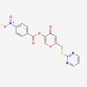 4-Oxo-6-((pyrimidin-2-ylthio)methyl)-4H-pyran-3-yl 4-nitrobenzoate chemical structure (CAS 877636-42-5)