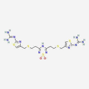 1,1'-(((((1,1-Dioxido-2H-1,2,4,6-thiatriazine-3,5-diyl)bis(ethane-2,1-diyl))bis(sulfanediyl))bis(methylene))bis(thiazole-4,2-diyl))diguanidine chemical structure (CAS 89268-62-2)