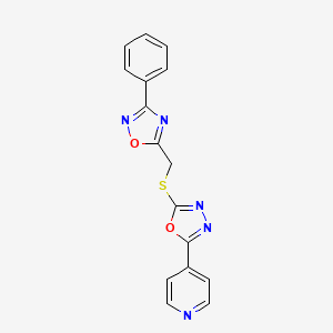 3-Phenyl-5-(((5-(pyridin-4-yl)-1,3,4-oxadiazol-2-yl)thio)methyl)-1,2,4-oxadiazole chemical structure (CAS 919936-70-2)