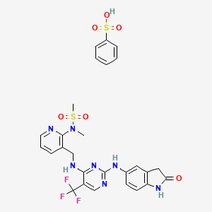 N-Methyl-N-(3-(((2-((2-oxoindolin-5-yl)amino)-5-(trifluoromethyl)pyrimidin-4-yl)amino)methyl)pyridin-2-yl)methanesulfonamide benzenesulfonate chemical structure (CAS 939791-38-5)