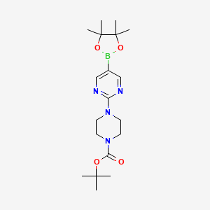 tert-Butyl 4-(5-(4,4,5,5-tetramethyl-1,3,2-dioxaborolan-2-yl)pyrimidin-2-yl)piperazine-1-carboxylate chemical structure (CAS 940284-98-0)