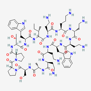 (6S,9S,12S,15S,18S,21S,24R,27S,30S,33S,36S,39S,41aS,46aR)-18,36-Bis((1H-indol-3-yl)methyl)-12,15,21,24,30-pentakis(2-aminoethyl)-27-(3-aminopropyl)-33-((S)-sec-butyl)-39-((R)-1-hydroxyethyl)-6-(hydroxymethyl)-9-methyltriacontahydro-1H,5H-dipyrrolo[1,2-a:1',2'-d][1,4,7,10,13,16,19,22,25,28,31,34,37,40]tetradecaazacyclodotetracontine-5,8,11,14,17,20,23,26,29,32,35,38,41,46(46aH)-tetradecaone chemical structure (CAS 944252-63-5)