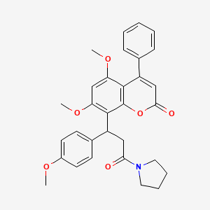5,7-Dimethoxy-8-(1-(4-methoxyphenyl)-3-oxo-3-(pyrrolidin-1-yl)propyl)-4-phenyl-2h-chromen-2-one chemical structure (CAS 958843-91-9)