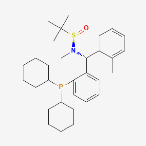 (R)-N-((R)-(2-(Dicyclohexylphosphaneyl)phenyl)(o-tolyl)methyl)-N,2-dimethylpropane-2-sulfinamide chemical structure
