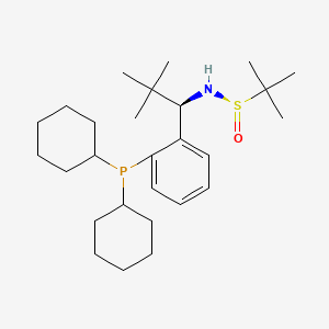 (R)-N-((R)-1-(2-(Dicyclohexylphosphaneyl)phenyl)-2,2-dimethylpropyl)-2-methylpropane-2-sulfinamide chemical structure